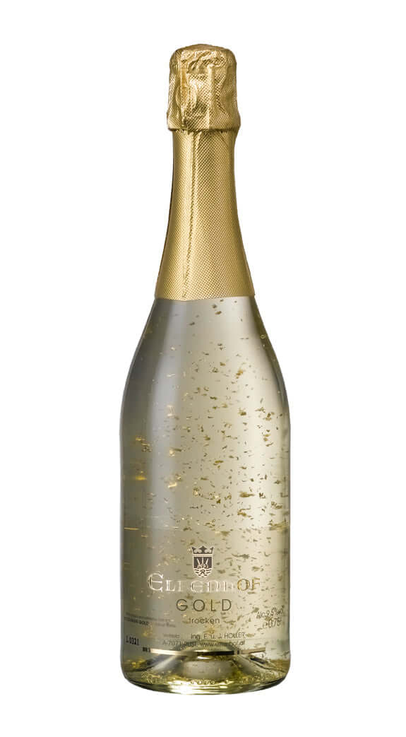 Flasche mit Elfenhof GOLD Sekt, veredelt mit echtem Blattgold für luxuriöse Momente.